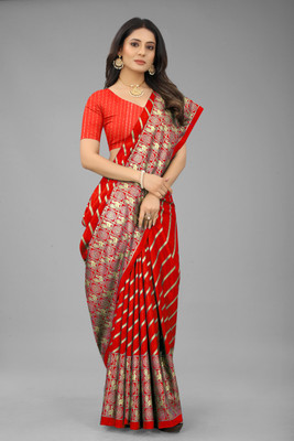 Rashiklal & Co. Animal Print, Self Design, Printed, Striped Bollywood Cotton Blend, Cotton Silk Saree(Red)