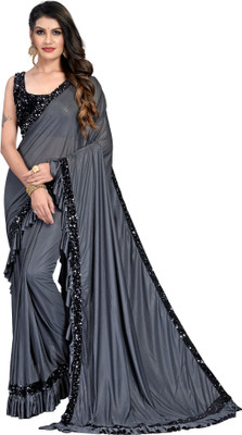 KV Fashion Solid/Plain Bollywood Lycra Blend Saree(Grey)