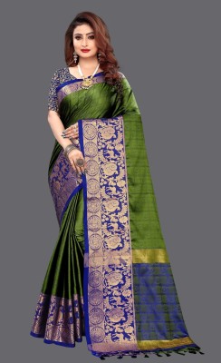 Bombey Velvat Fab Paisley, Color Block, Temple Border, Ombre, Striped, Woven, Dyed, Solid/Plain, Checkered Pochampally Pure Silk, Cotton Silk Saree(Dark Green, Blue)