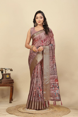 J6 Designers Floral Print Bollywood Cotton Silk Saree(Brown)