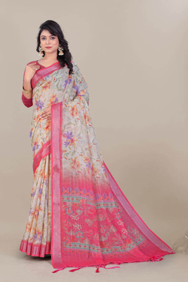 white sparrow Digital Print Daily Wear Linen Saree(Multicolor)