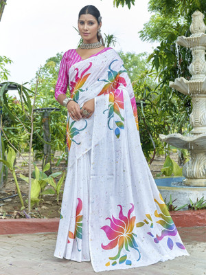 Divastri Printed Bollywood Cotton Blend Saree(White)