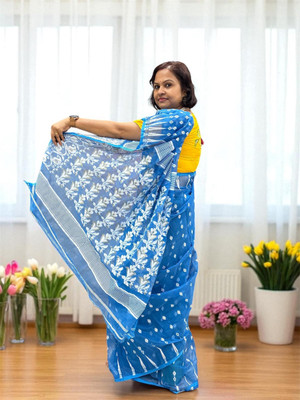 llizasboutique Printed, Self Design Saree with Attached Blouse Handloom Cotton Blend Saree(Blue)
