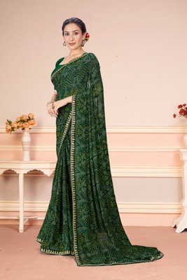 rudraCreation Printed Bandhani Georgette Saree(Dark Green)