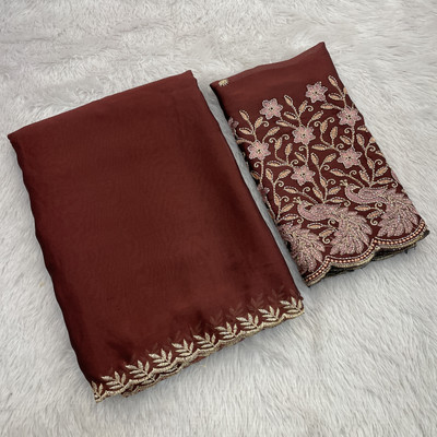 KONICA FAB Embellished Kalamkari Chiffon Saree(Brown)