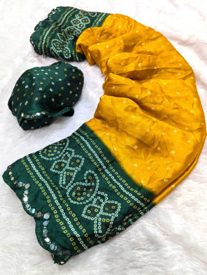 VD PRINTS Printed Bandhani Silk Blend Saree(Dark Green)