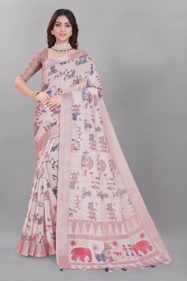 K P ENTERPRISE Floral Print Handloom Cotton Linen Saree(Multicolor)