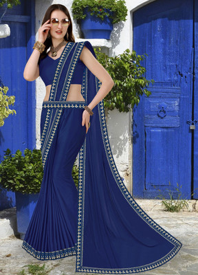 FabDaisy Printed Banarasi Lycra Blend Saree(Dark Blue)