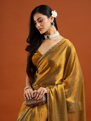OMICRON FAB Solid/Plain Bollywood Chiffon Saree(Gold)