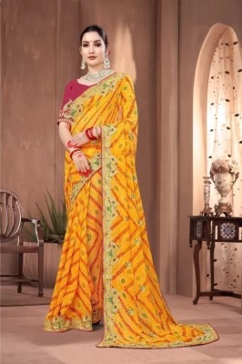 AVANSHEE Self Design, Printed, Embroidered, Paisley Bandhani Georgette Saree(Yellow)