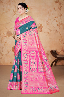 Paul Sharee Centre Printed Baluchari Art Silk Saree(Blue, Pink)