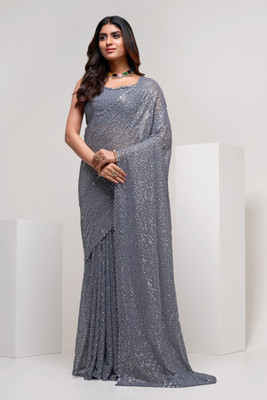 Divine Exim Embroidered Bollywood Georgette Saree(Grey)