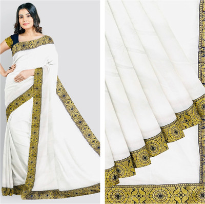LUVITUS Solid/Plain Bollywood Pure Cotton Saree(White)
