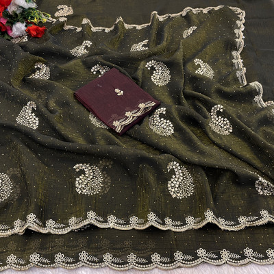 Ethina Fashion Embroidered Bollywood Crepe Saree(Light Green)