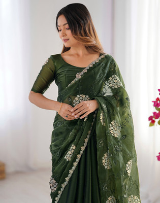 Satrani Embroidered, Embellished Bollywood Jimmy choo, Chiffon Saree(Green)