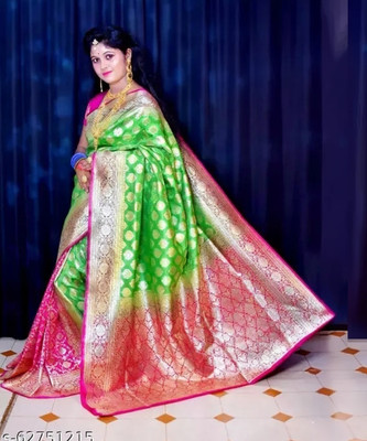 Dulhan Collection Woven Banarasi Silk Blend Saree(Green, Pink)