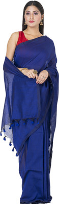 SAYAN CREATION Solid/Plain Handloom Pure Cotton Saree(Dark Blue)