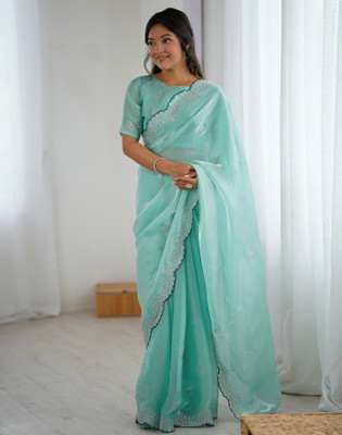 Satrani Embroidered Bollywood Tissue Saree(Light Blue)