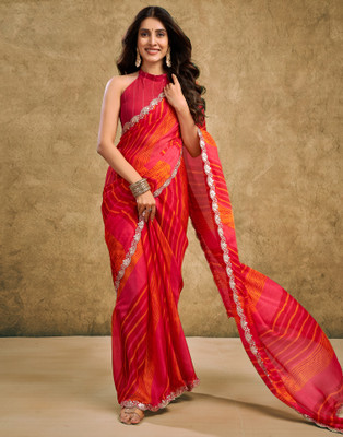 Samah Printed, Embellished Bollywood Georgette, Lace Saree(Red, Pink, Orange)