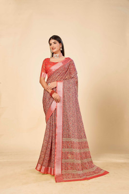 Rachna Printed Daily Wear Linen Saree(Red)