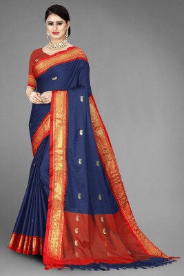 Fab Silk Embroidered Bollywood Cotton Silk Saree(Dark Blue, Red, Gold)
