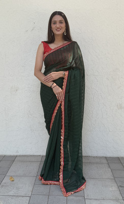 Apnisha Striped Bollywood Chiffon Saree(Green)