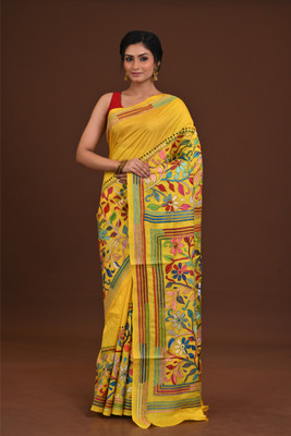 Ramshyam Collection Printed Kantha Pure Silk Saree(Yellow)