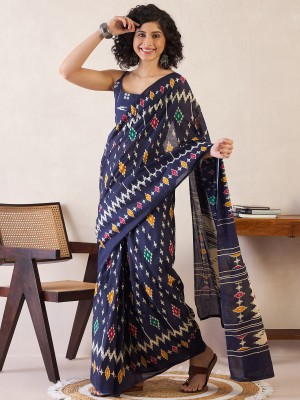 Sareemall Printed Ikkat Pure Cotton Saree(Dark Blue)