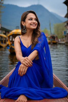 QSTED Solid/Plain Assam Silk Georgette Saree(Blue)