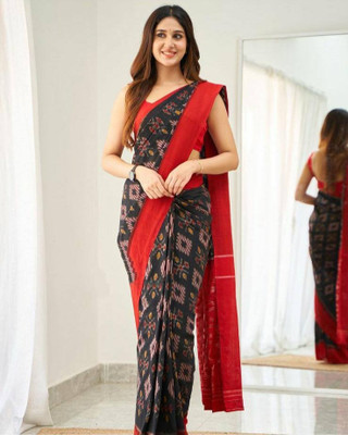 HanumanteFab Printed Banarasi Cotton Linen, Linen Saree(Black, Red)