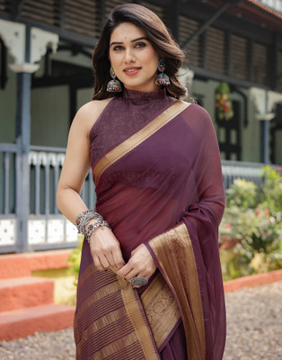Satrani Woven, Embellished Mangalagiri Chiffon Saree(Purple)