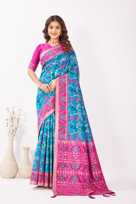 Heirlooms Floral Print, Printed, Woven Banarasi Pure Silk Saree(Green, Red)