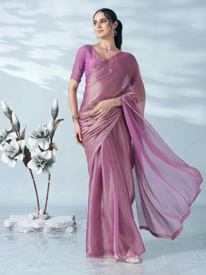 LOROFY Solid/Plain Bollywood Silk Blend, Chiffon Saree(Silver)