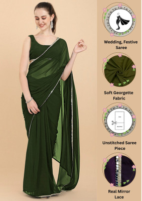 FORKEY Solid/Plain, Self Design, Embellished Bollywood Georgette Saree(Green)