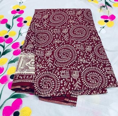 llizasboutique Printed, Self Design Saree with Attached Blouse Handloom Cotton Blend Saree(Maroon)