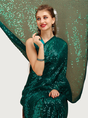 Clemira Checkered, Embellished Bollywood Georgette Saree(Green)