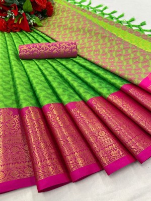 A To Z Cart Embellished Banarasi Silk Blend Saree(Light Green, Pink)