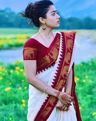 Sindharat Fashion Woven Kanjivaram Jacquard, Pure Silk Saree(White)