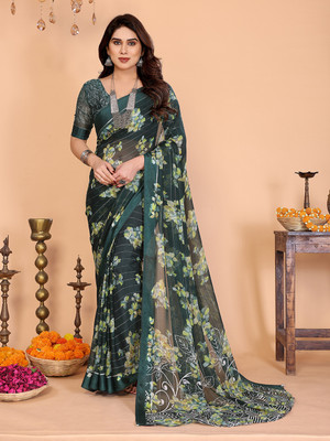 Moda Rapido Embellished, Floral Print Bollywood Georgette, Satin Saree(Green)