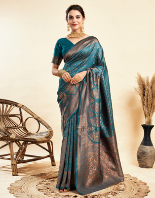 Samah Woven, Self Design Kanjivaram Silk Blend Saree(Blue, Brown)