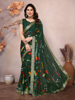 Divastri Solid/Plain Bollywood Georgette, Lace Saree(Green)