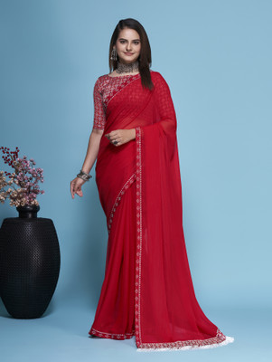 Gold Art Fashion Embroidered Bollywood Chiffon Saree(Red)