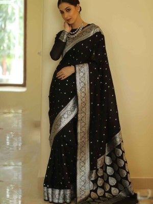 AVANSHEE Self Design, Woven, Embellished, Paisley Kanjivaram Jacquard, Pure Silk Saree(Black)