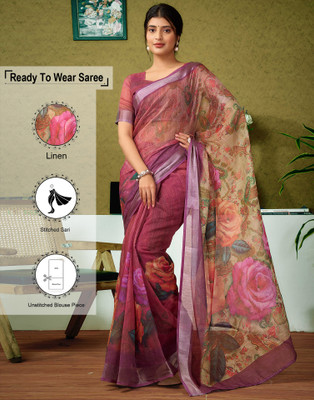 Samah Digital Print, Floral Print, Embellished Bollywood Linen Saree(Green, Brown)