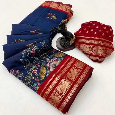 Sonal Woven Kalamkari Viscose Rayon Saree(Blue, Red)