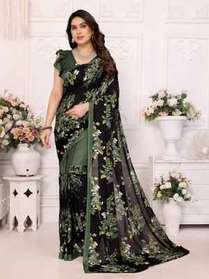 Moda Rapido Floral Print Bollywood Georgette Saree(Dark Green, Green, Black)