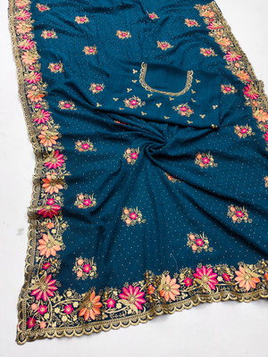 MIYANIFAB Embroidered Bollywood Georgette Saree(Dark Blue)