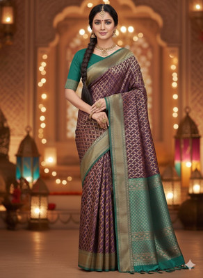 LOKAVANYA Printed Banarasi Cotton Silk Saree(Purple)
