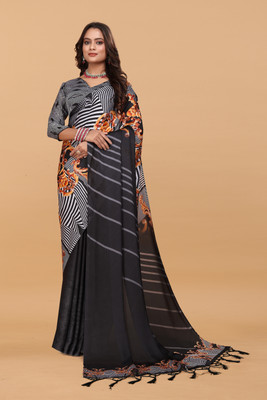 Mugdarra Geometric Print Bollywood Satin, Georgette Saree(Black)