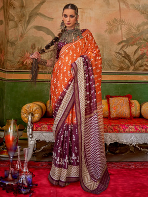 Sareemall Printed Pochampally Silk Blend Saree(Orange)